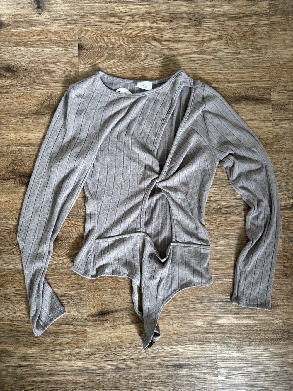 Womens Taupe Twist-Front Ribbed Bodysuit